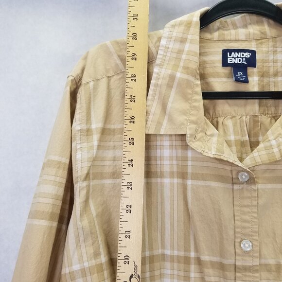 Lands End Button Up Shirt Women 2X 20-22 Brown Plaid Cotton Long Sleeve Tab Camp - Picture 11 of 14
